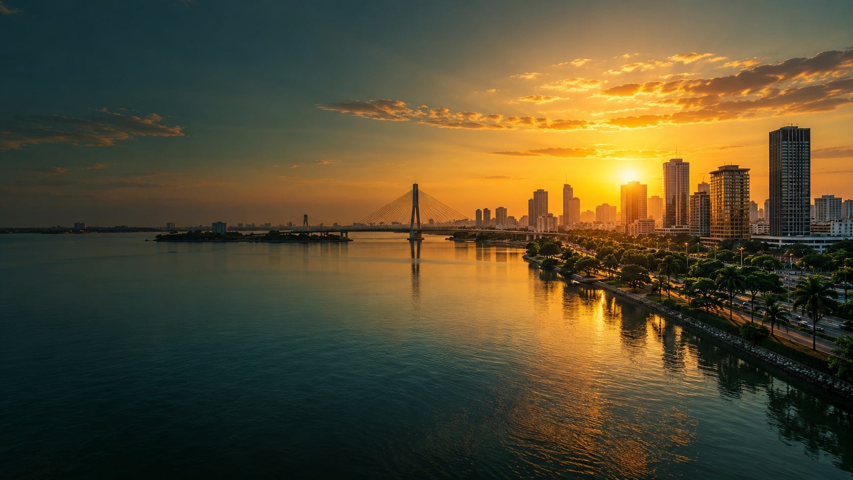 Illustrated waterfront skyline at sunset